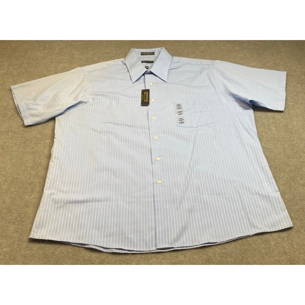 NWT Arrow Button Up Shirt Men XL Blue Striped Short Sleeve Wrinkle Free 17 Neck
